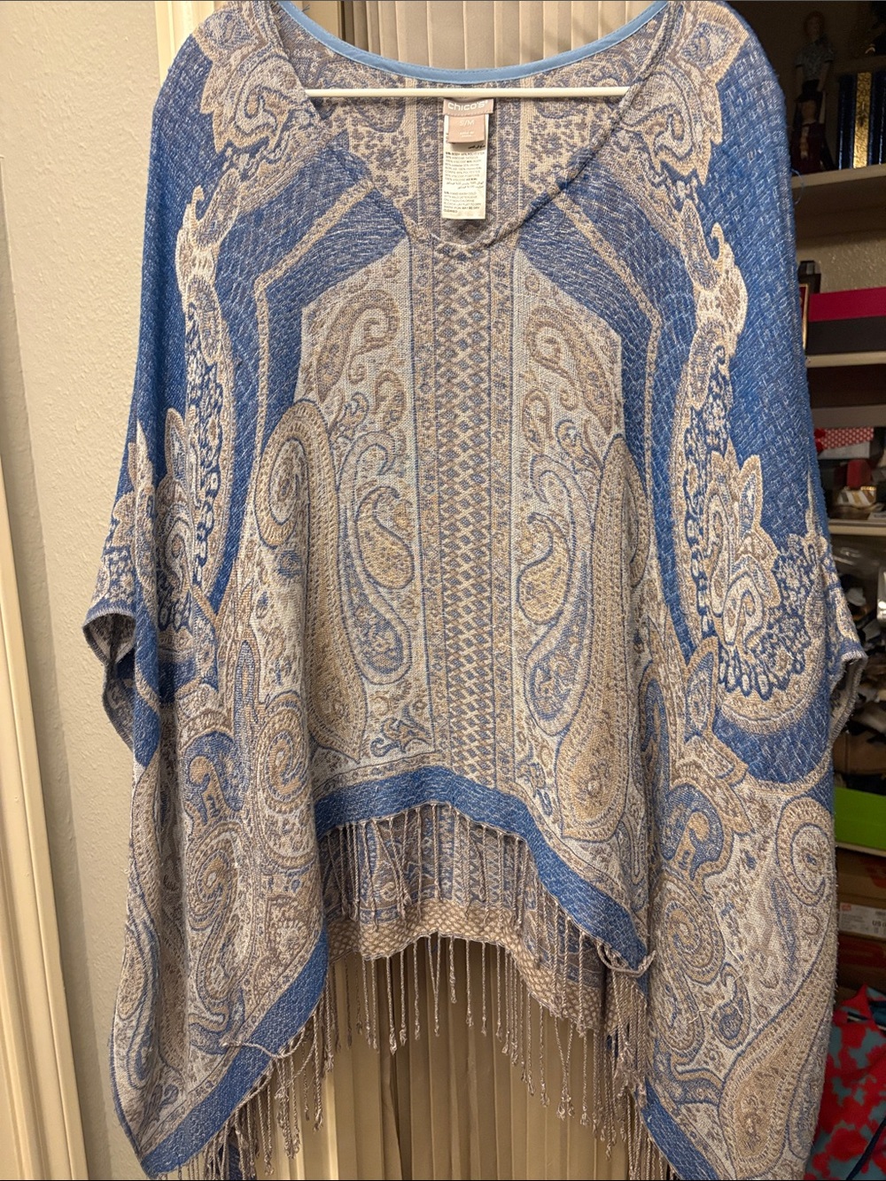 Chico’s Blue and khaki Paisley Fringe Poncho Top